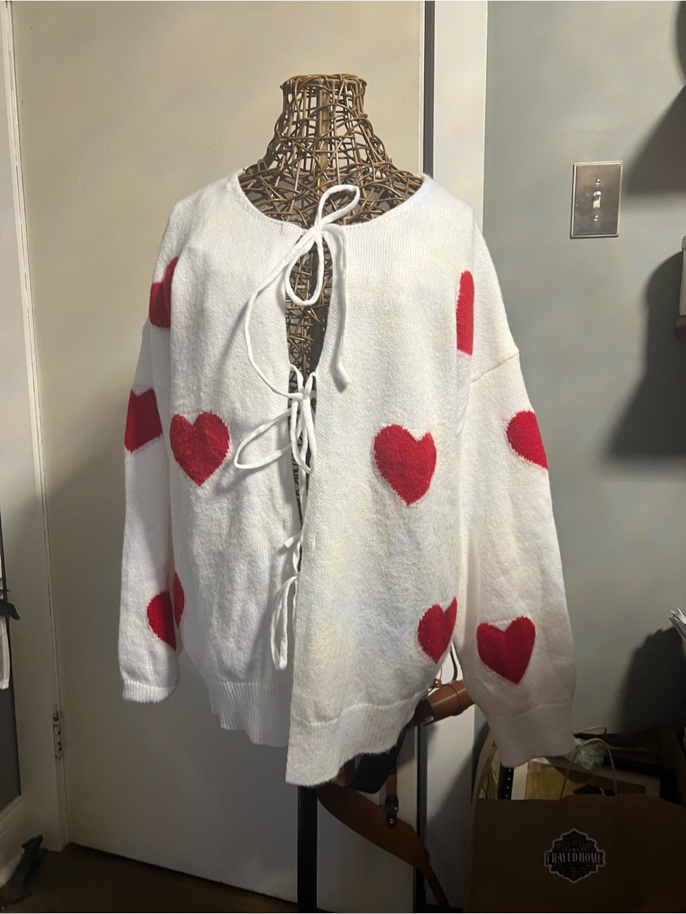 SHEIN White Cardigan with Red Heart Motifs